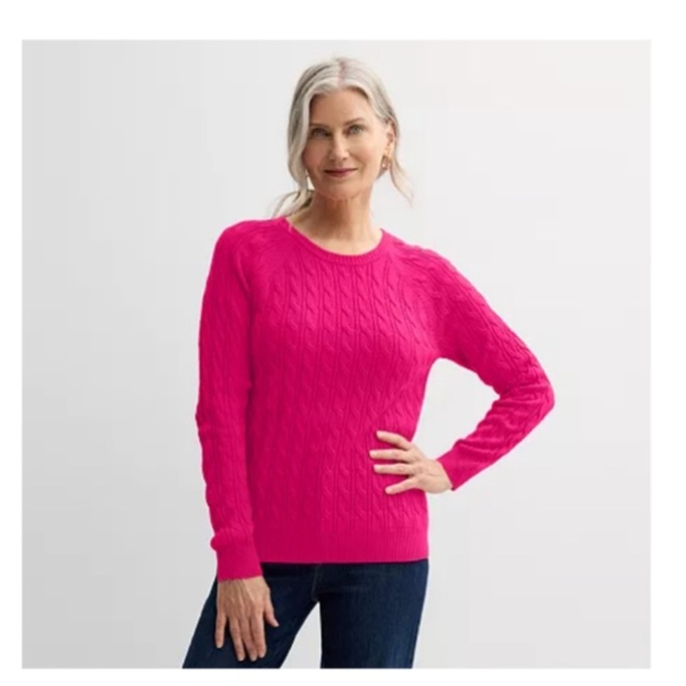Croft Barrow The Extra Soft Cabled Crew Neck Sweater Sangria Pink Large (EUC)